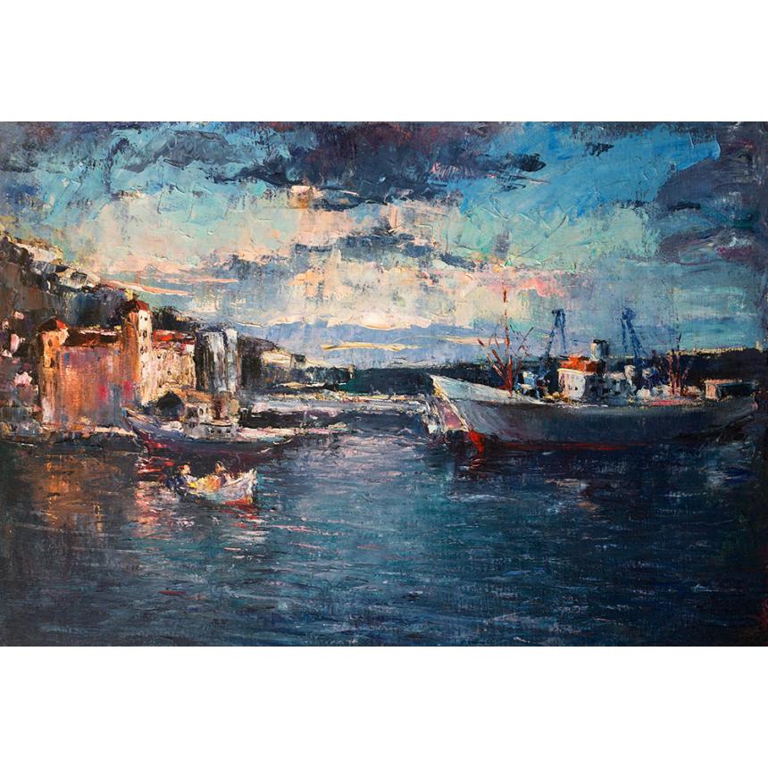 Πίνακας Ηλιοβασίλεμα στο λιμάνι με βάρκες 